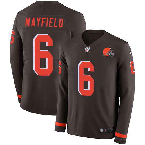 Personalized Browns #6 Baker Mayfield Brown Team Color Men’s Stitched NFL Limited Therma Long Sleeve Jersey