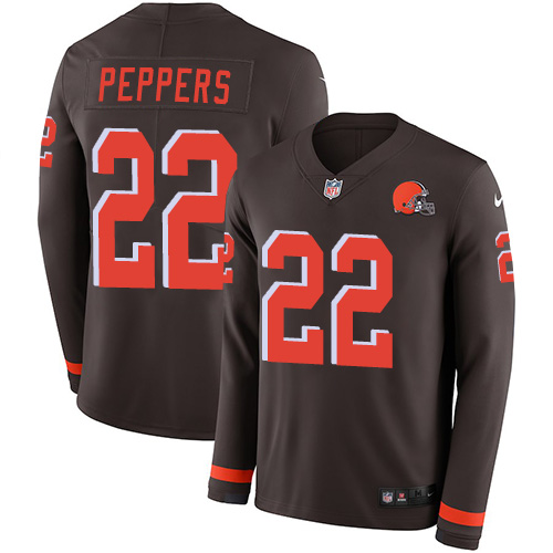 Personalized Browns #22 Jabrill Peppers Brown Team Color Men’s Stitched NFL Limited Therma Long Sleeve Jersey