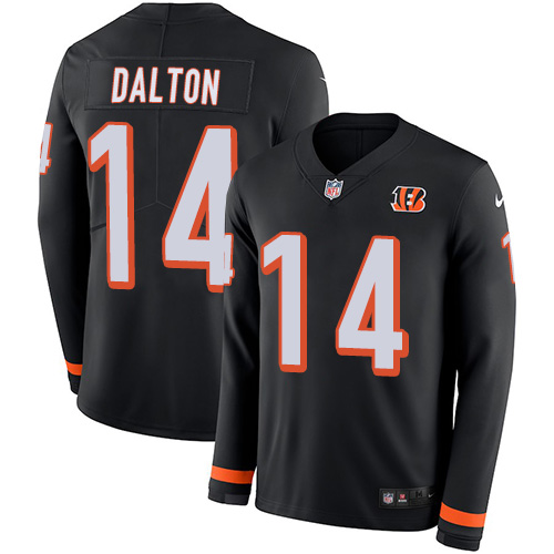 Personalized Bengals #14 Andy Dalton Black Team Color Men’s Stitched NFL Limited Therma Long Sleeve Jersey