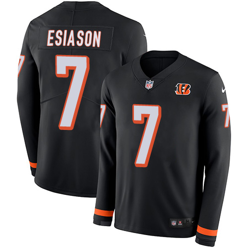Personalized Bengals #7 Boomer Esiason Black Team Color Men’s Stitched NFL Limited Therma Long Sleeve Jersey