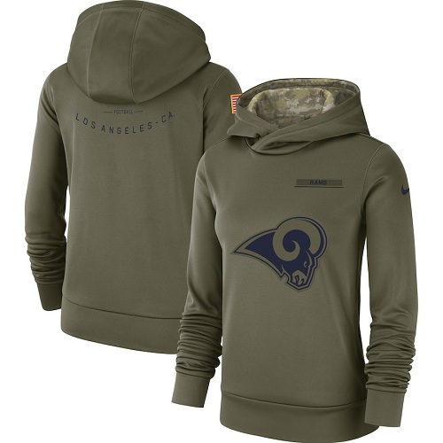 Personalized Women’s Los Angeles Rams Olive Salute to Service Sideline Therma Performance Pullover Hoodie