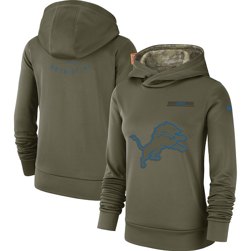 Personalized Women’s Detroit Lions Olive Salute to Service Sideline Therma Performance Pullover Hoodie