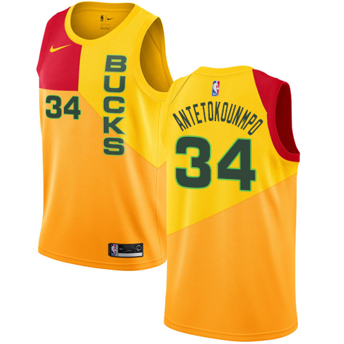 Personalized Bucks #34 Giannis Antetokounmpo Yellow NBA Swingman City Edition 2018 19 Jersey