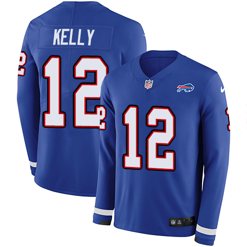 Personalized Bills #12 Jim Kelly Royal Blue Team Color Men’s Stitched NFL Limited Therma Long Sleeve Jersey
