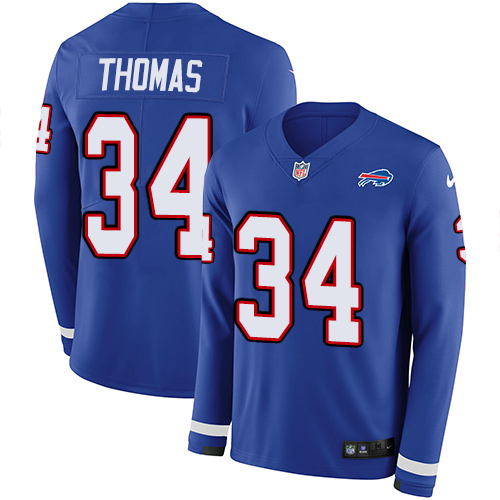 Personalized Bills #34 Thurman Thomas Royal Blue Team Color Men’s Stitched NFL Limited Therma Long Sleeve Jersey