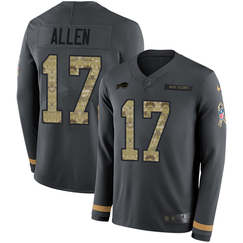 Personalized Bills #17 Josh Allen Anthracite Salute to Service Men’s Stitched NFL Limited Therma Long Sleeve Jersey