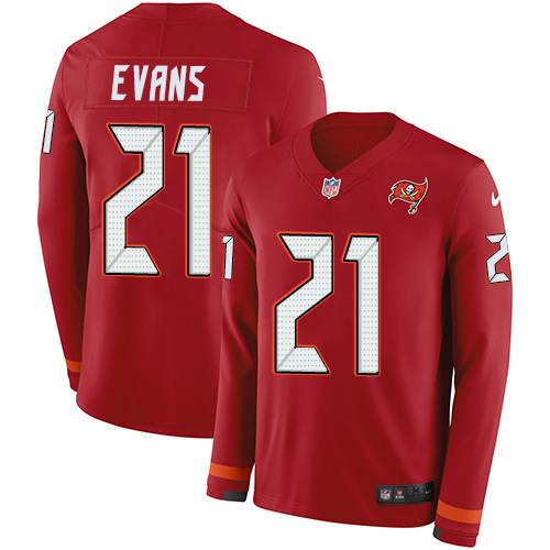 Personalized Buccaneers #21 Justin Evans Red Team Color Men’s Stitched NFL Limited Therma Long Sleeve Jersey