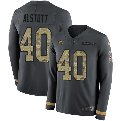 Personalized Buccaneers #40 Mike Alstott Anthracite Salute to Service Men’s Stitched NFL Limited Therma Long Sleeve Jersey