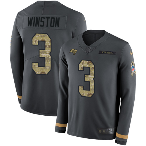 Personalized Buccaneers #3 Jameis Winston Anthracite Salute to Service Men’s Stitched NFL Limited Therma Long Sleeve Jersey