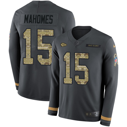 Personalized Chiefs #15 Patrick Mahomes Anthracite Salute to Service Men’s Stitched NFL Limited Therma Long Sleeve Jersey