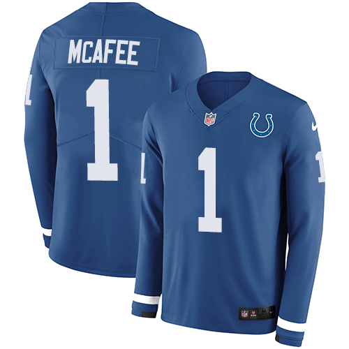 Personalized Colts #1 Pat McAfee Royal Blue Team Color Men’s Stitched NFL Limited Therma Long Sleeve Jersey