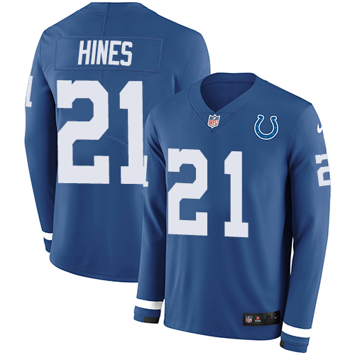 Personalized Colts #21 Nyheim Hines Royal Blue Team Color Men’s Stitched NFL Limited Therma Long Sleeve Jersey