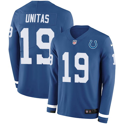 Personalized Colts #19 Johnny Unitas Royal Blue Team Color Men’s Stitched NFL Limited Therma Long Sleeve Jersey