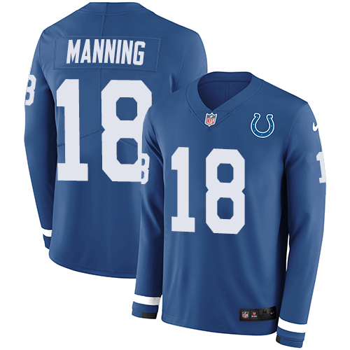 Personalized Colts #18 Peyton Manning Royal Blue Team Color Men’s Stitched NFL Limited Therma Long Sleeve Jersey