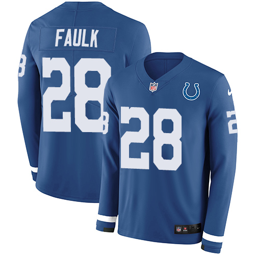 Personalized Colts #28 Marshall Faulk Royal Blue Team Color Men’s Stitched NFL Limited Therma Long Sleeve Jersey