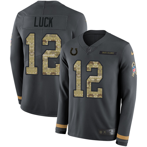 Personalized Colts #12 Andrew Luck Anthracite Salute to Service Men’s Stitched NFL Limited Therma Long Sleeve Jersey