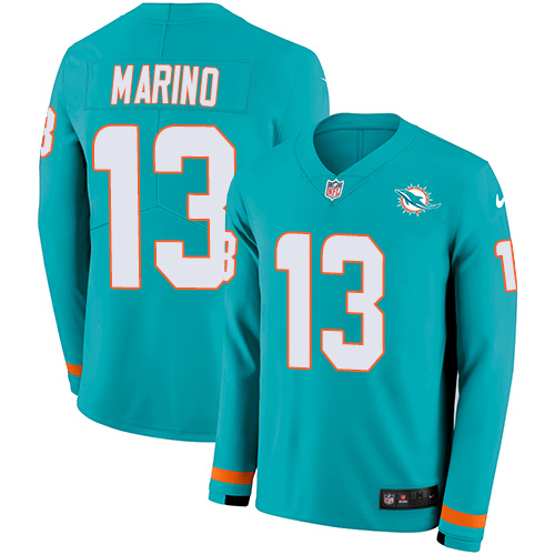 Personalized Dolphins #13 Dan Marino Aqua Green Team Color Men’s Stitched NFL Limited Therma Long Sleeve Jersey