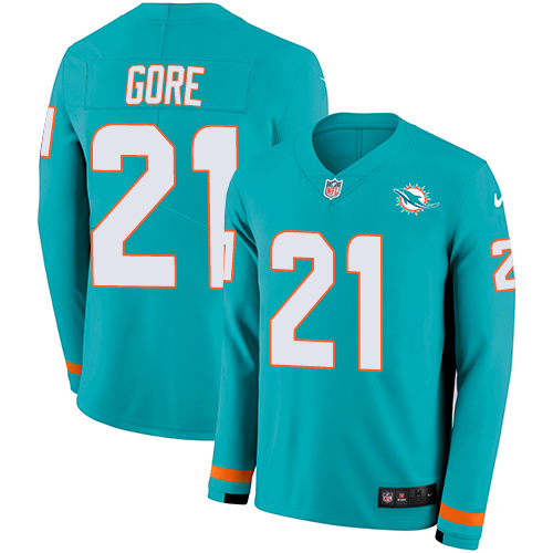 Personalized Dolphins #21 Frank Gore Aqua Green Team Color Men’s Stitched NFL Limited Therma Long Sleeve Jersey