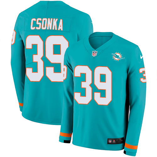 Personalized Dolphins #39 Larry Csonka Aqua Green Team Color Men’s Stitched NFL Limited Therma Long Sleeve Jersey