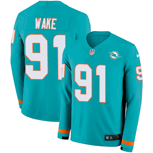 Personalized Dolphins #91 Cameron Wake Aqua Green Team Color Men’s Stitched NFL Limited Therma Long Sleeve Jersey
