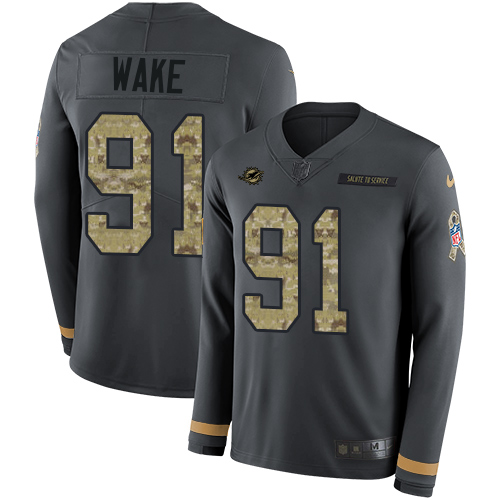 Personalized Dolphins #91 Cameron Wake Anthracite Salute to Service Men’s Stitched NFL Limited Therma Long Sleeve Jersey