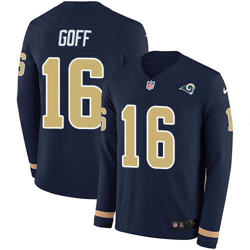Personalized Rams #16 Jared Goff Navy Blue Team Color Men’s Stitched NFL Limited Therma Long Sleeve Jersey