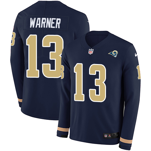 Personalized Rams #13 Kurt Warner Navy Blue Team Color Men’s Stitched NFL Limited Therma Long Sleeve Jersey