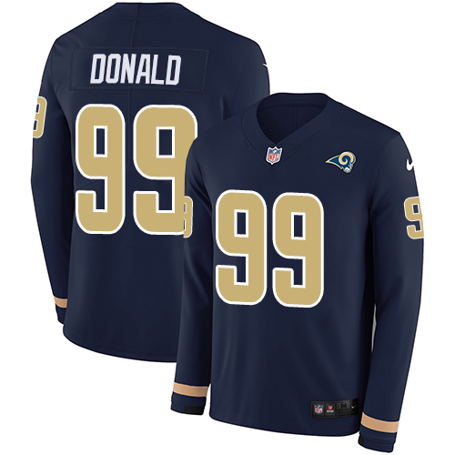 Personalized Rams #99 Aaron Donald Navy Blue Team Color Men’s Stitched NFL Limited Therma Long Sleeve Jersey