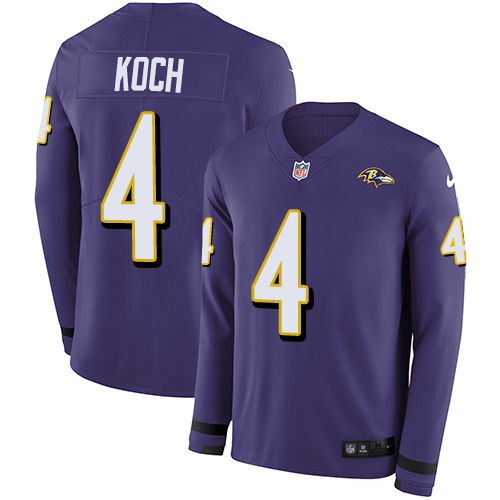 Personalized Ravens #4 Sam Koch Purple Team Color Men’s Stitched NFL Limited Therma Long Sleeve Jersey