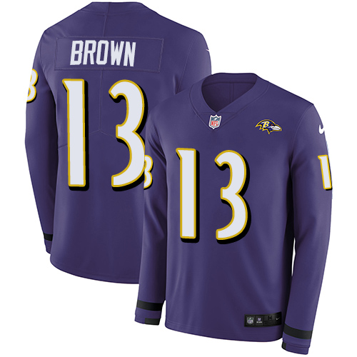 Personalized Ravens #13 John Brown Purple Team Color Men’s Stitched NFL Limited Therma Long Sleeve Jersey
