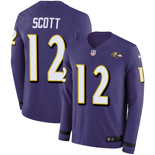 Personalized Ravens #12 Jaleel Scott Purple Team Color Men’s Stitched NFL Limited Therma Long Sleeve Jersey