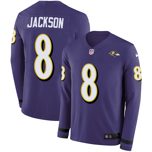 Personalized Ravens #8 Lamar Jackson Purple Team Color Men’s Stitched NFL Limited Therma Long Sleeve Jersey