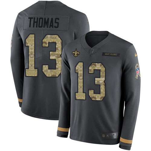 Personalized Saints #13 Michael Thomas Anthracite Salute to Service Men’s Stitched NFL Limited Therma Long Sleeve Jersey