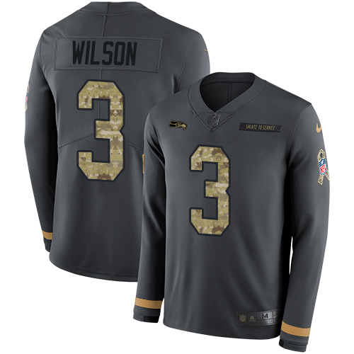 Personalized Seahawks #3 Russell Wilson Anthracite Salute to Service Men’s Stitched NFL Limited Therma Long Sleeve Jersey