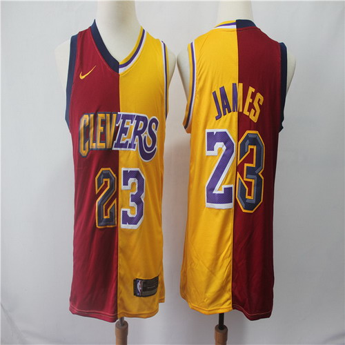 Personalized Lakers 23 Lebron James Red Gold Split Swingman Jersey