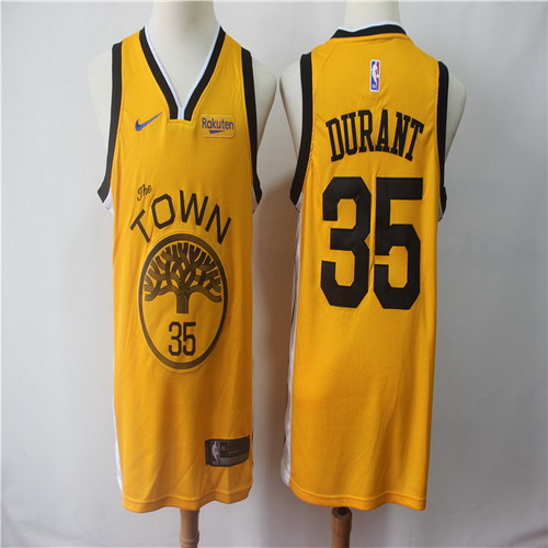 Personalized Warriors 35 Kevin Durant Yellow 2018-19 Earned Edition Swingman Jersey