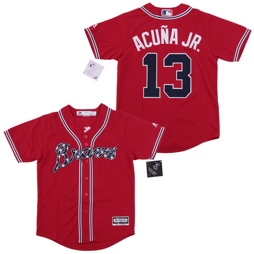 Personalized Braves 13 Ronald Acuna Jr. Red Youth Cool Base Jersey