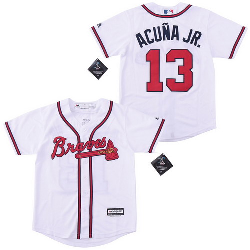 Personalized Braves 13 Ronald Acuna Jr. White Youth Cool Base Jersey