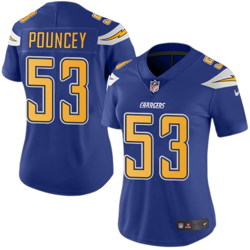 Personalized Chargers #53 Mike Pouncey Electric Blue Women’s Stitched NFL Limited Rush Jersey