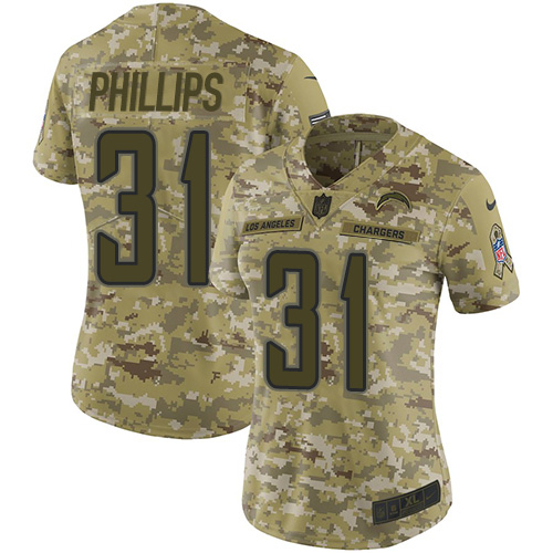 Personalized Chargers #31 Adrian Phillips Camo Women’s Stitched NFL Limited 2018 Salute to Service Jersey