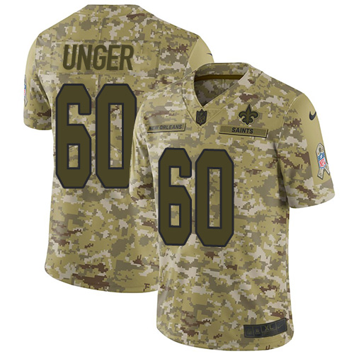 Personalized Saints #60 Max Unger Camo Youth Stitched NFL Limited 2018 Salute to Service Jersey