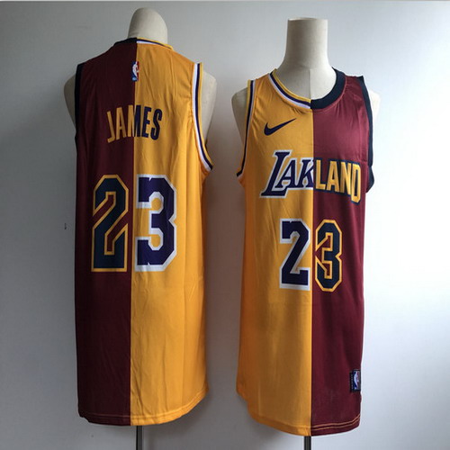 Personalized Lakers 23 Lebron James Gold Burgundy Split Swingman Jersey
