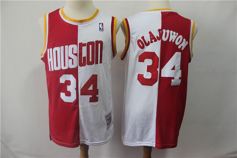 Personalized Rockets 34 Hakeem Olajuwon Red White Split 1993-94 Hardwood Classics Jersey
