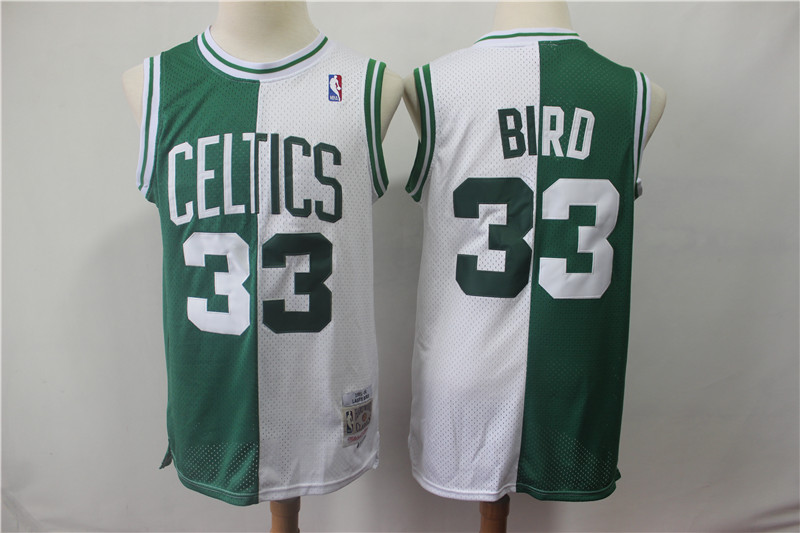 Personalized Celtics 33 Larry Bird Green White Split 1985-86 Hardwood Classics Jersey