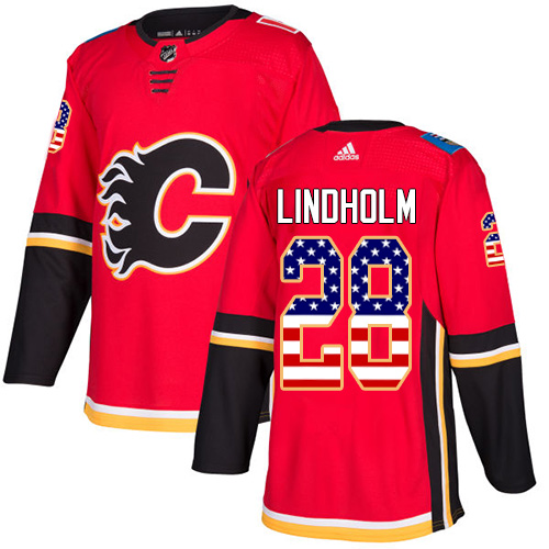Personalized Flames #28 Elias Lindholm Red Home Authentic USA Flag Stitched Hockey Jersey