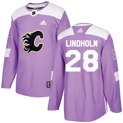 Personalized Flames #28 Elias Lindholm Purple Authentic Fights Cancer Stitched Hockey Jersey