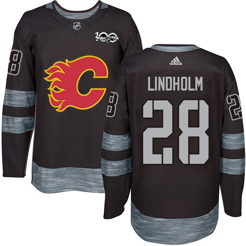 Personalized Flames #28 Elias Lindholm Black 1917-2017 100th Anniversary Stitched Hockey Jersey