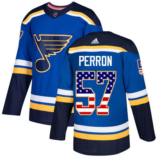 Personalized Blues #57 David Perron Blue Home Authentic USA Flag Stitched Hockey Jersey