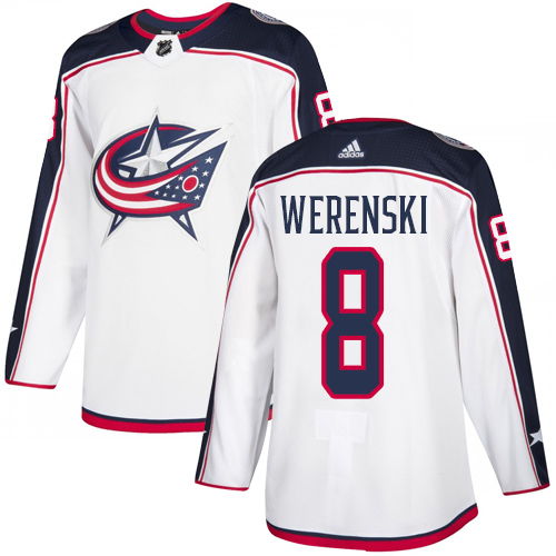 Personalized Blue Jackets #8 Zach Werenski White Road Authentic Stitched Hockey Jersey