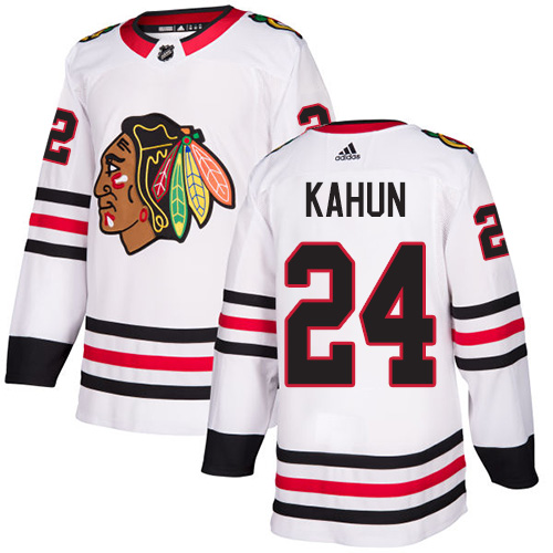 Personalized Blackhawks #24 Dominik Kahun White Road Authentic Stitched Hockey Jersey